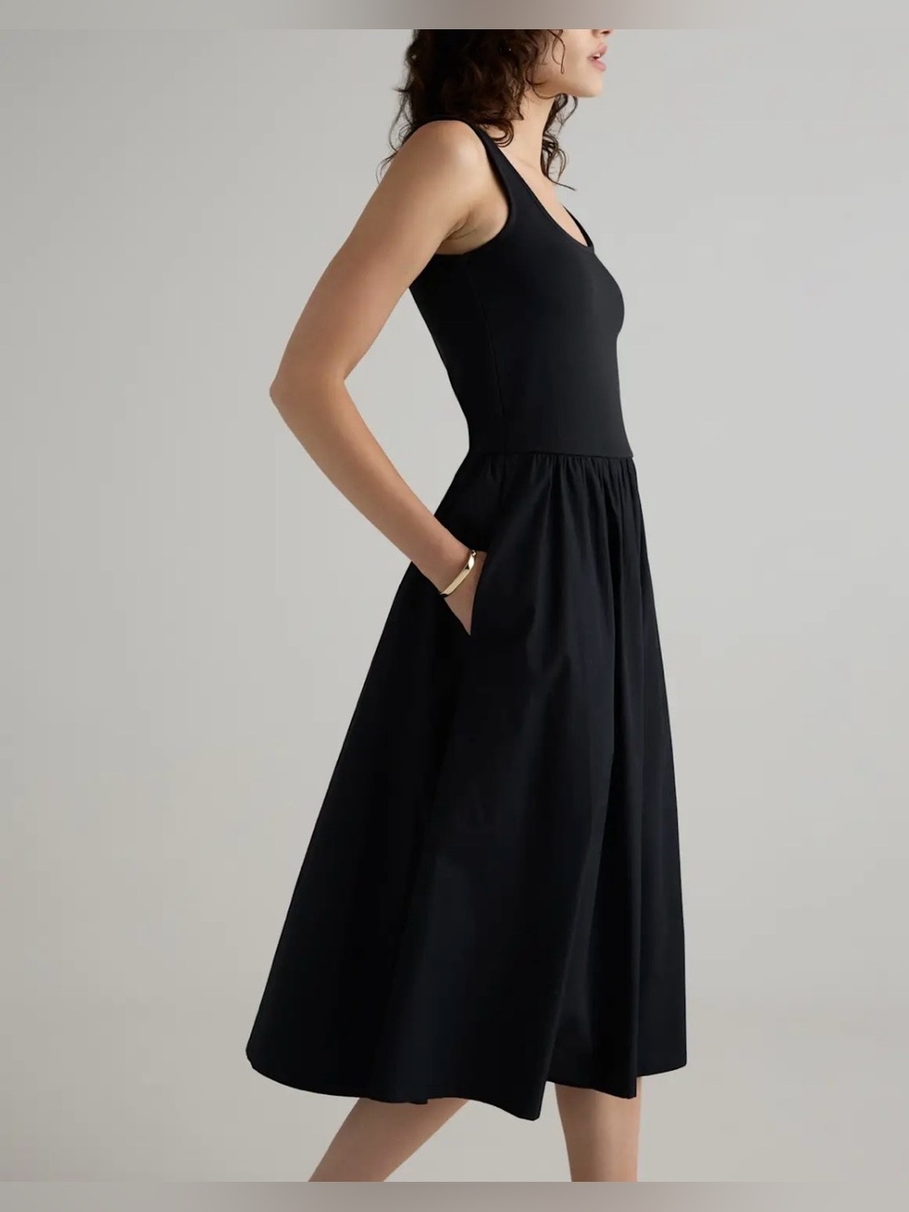 Quince Cotton Mixed Media Tank Dress with Pockets in Black Size Medium